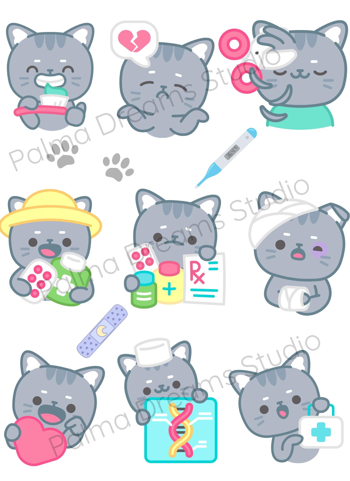 Kawaii Cat Flu Season Sticker Sheets: Medical Planner Stickers (Digital Download)