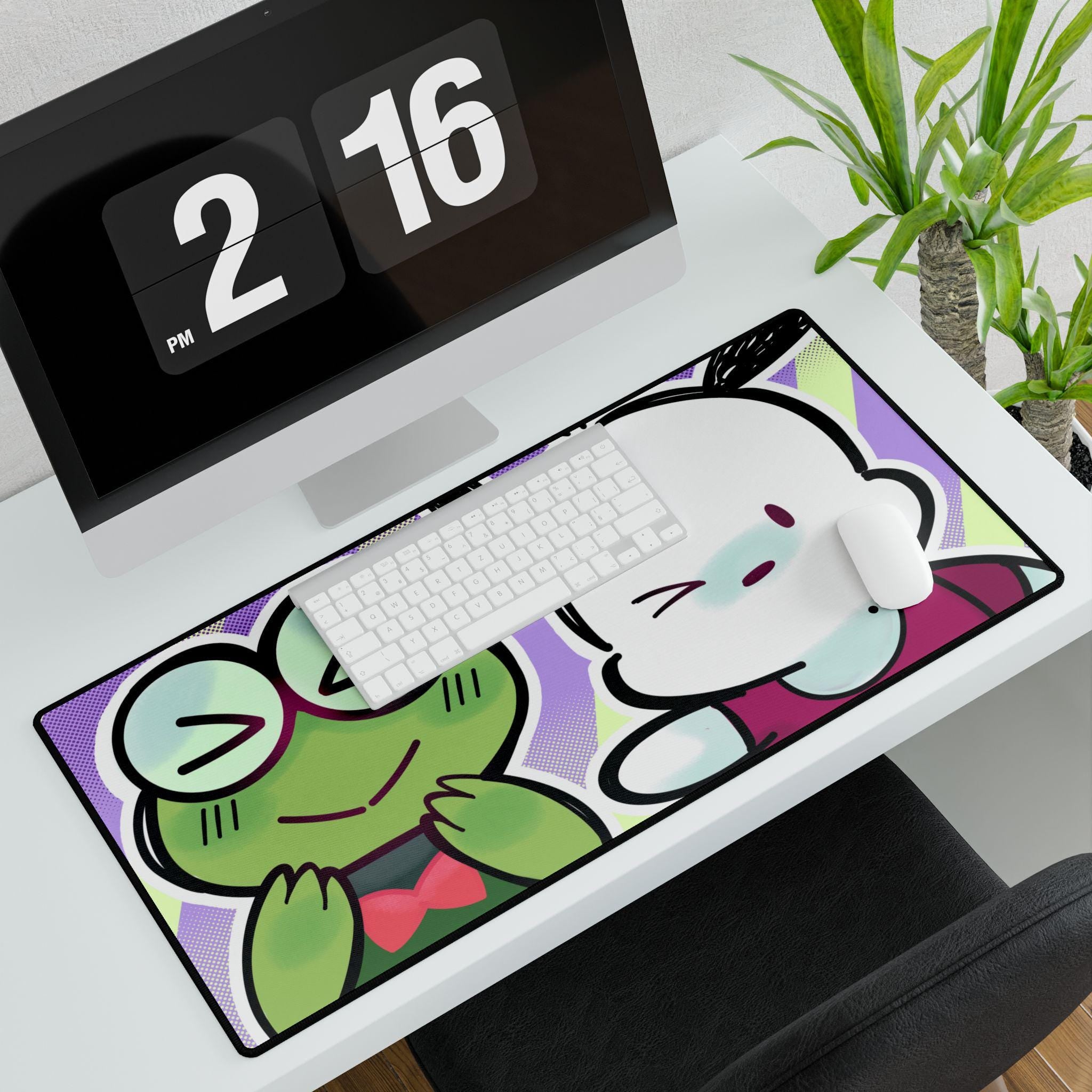 Cute Original Art Desk Mat | Cute Frog & Bunny Duo | Large Gaming Mouse Pad for Desk Setup, Inspired by Hello Kitty