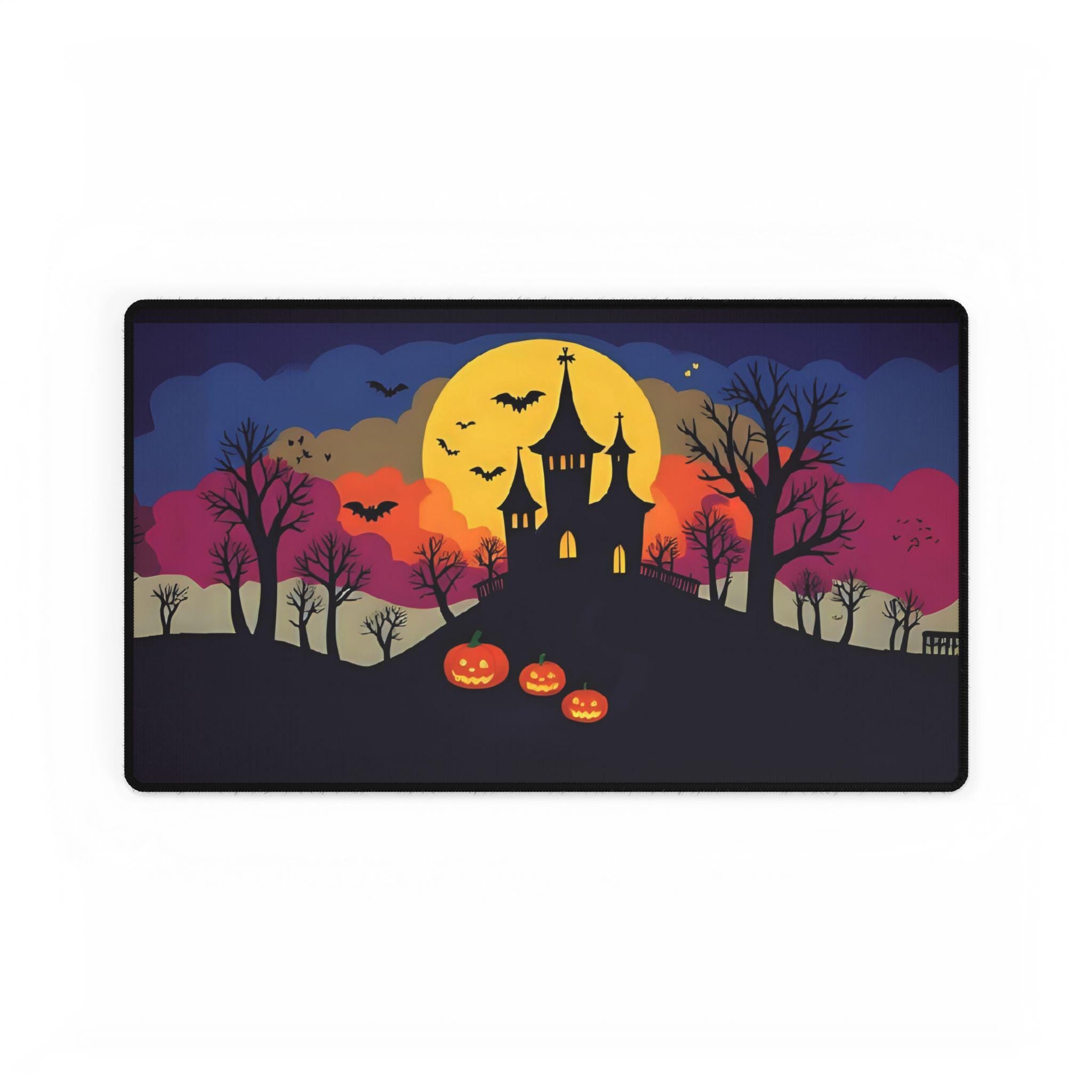 Haunted Castle Desk Mat: Spooky Halloween Pumpkin & Bats Design