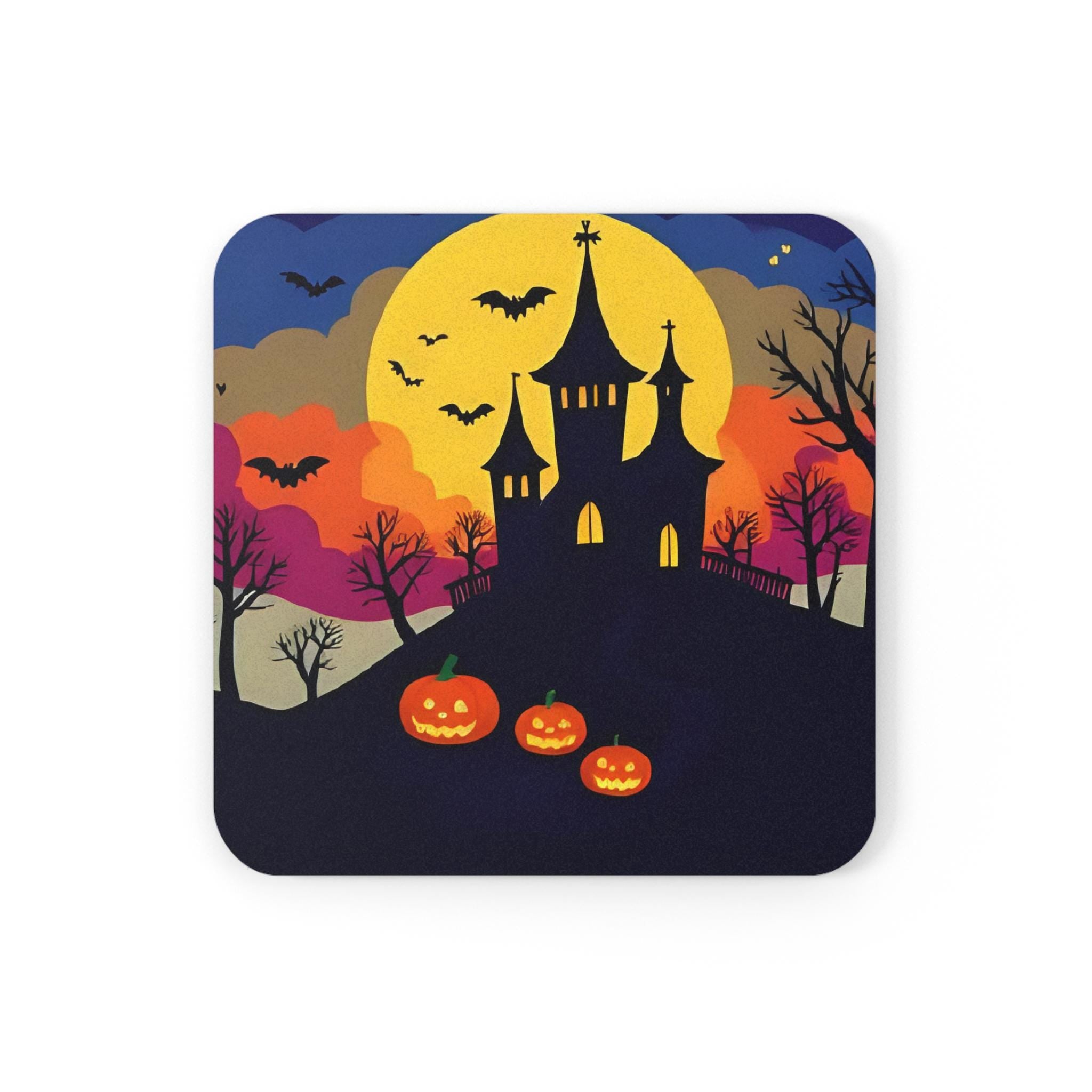 Haunted House Pumpkin Coaster, Halloween Cork Back Drink Mat