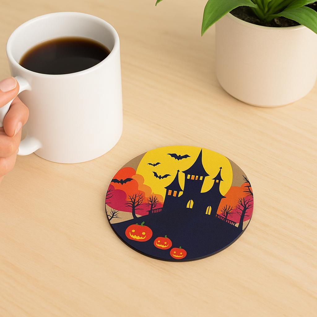 Haunted House Pumpkin Coaster, Halloween Cork Back Drink Mat