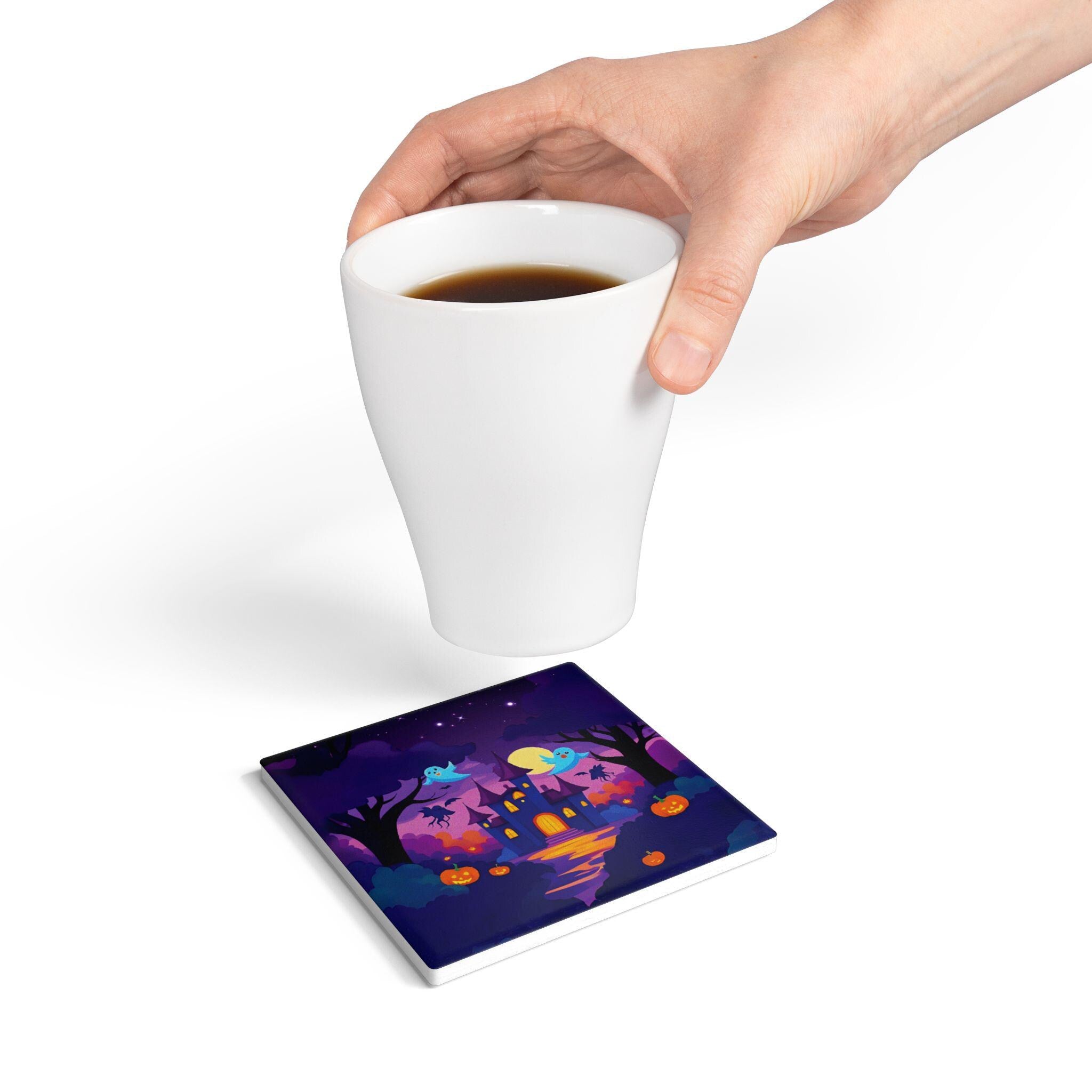 Haunted Castle Halloween Coaster: Spooky Ceramic Drink Mat