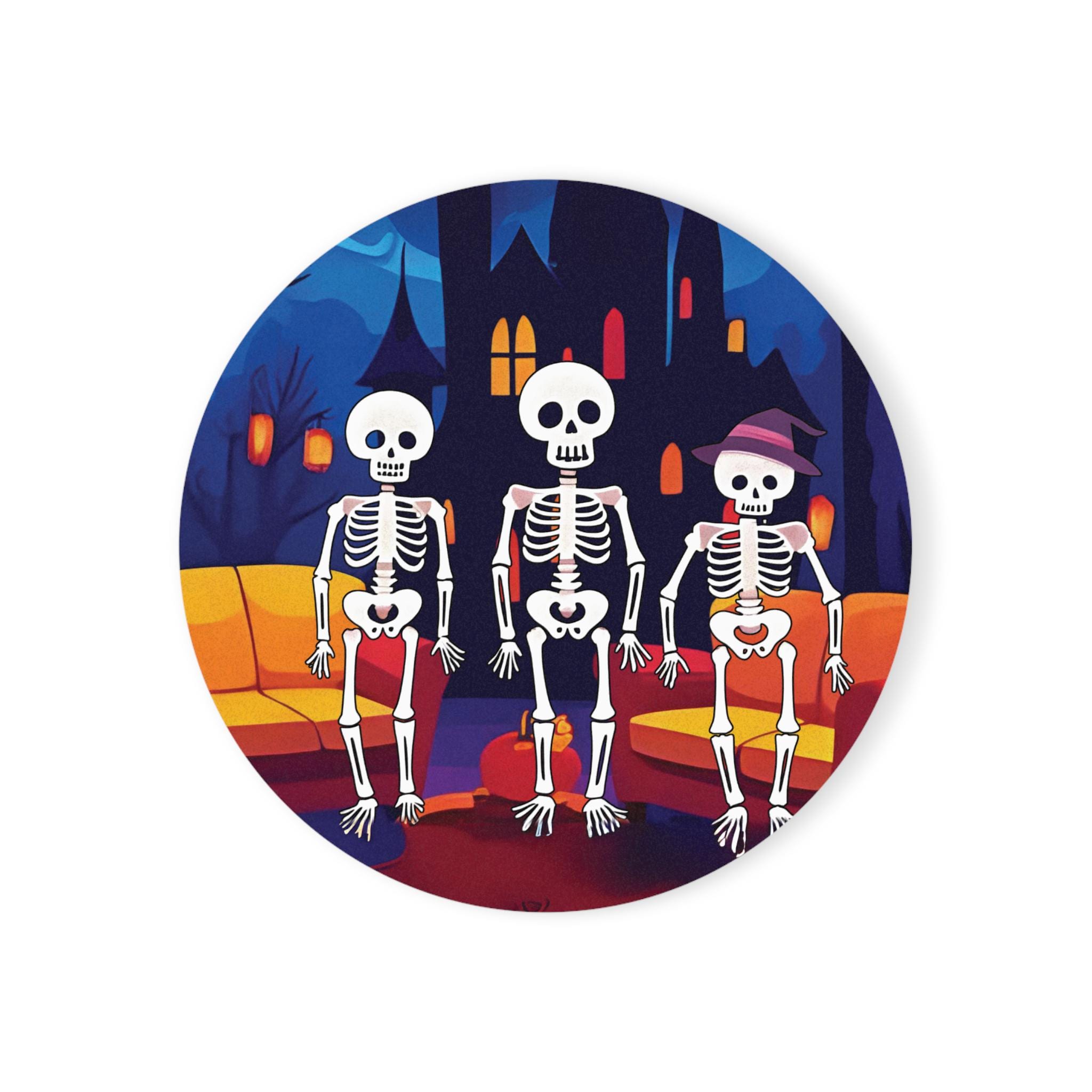 Halloween Skeleton Friends Coaster, Spooky Gothic Home Decor, Funny Skeletons on Couch with Haunted House, Round & Square Cork Coaster