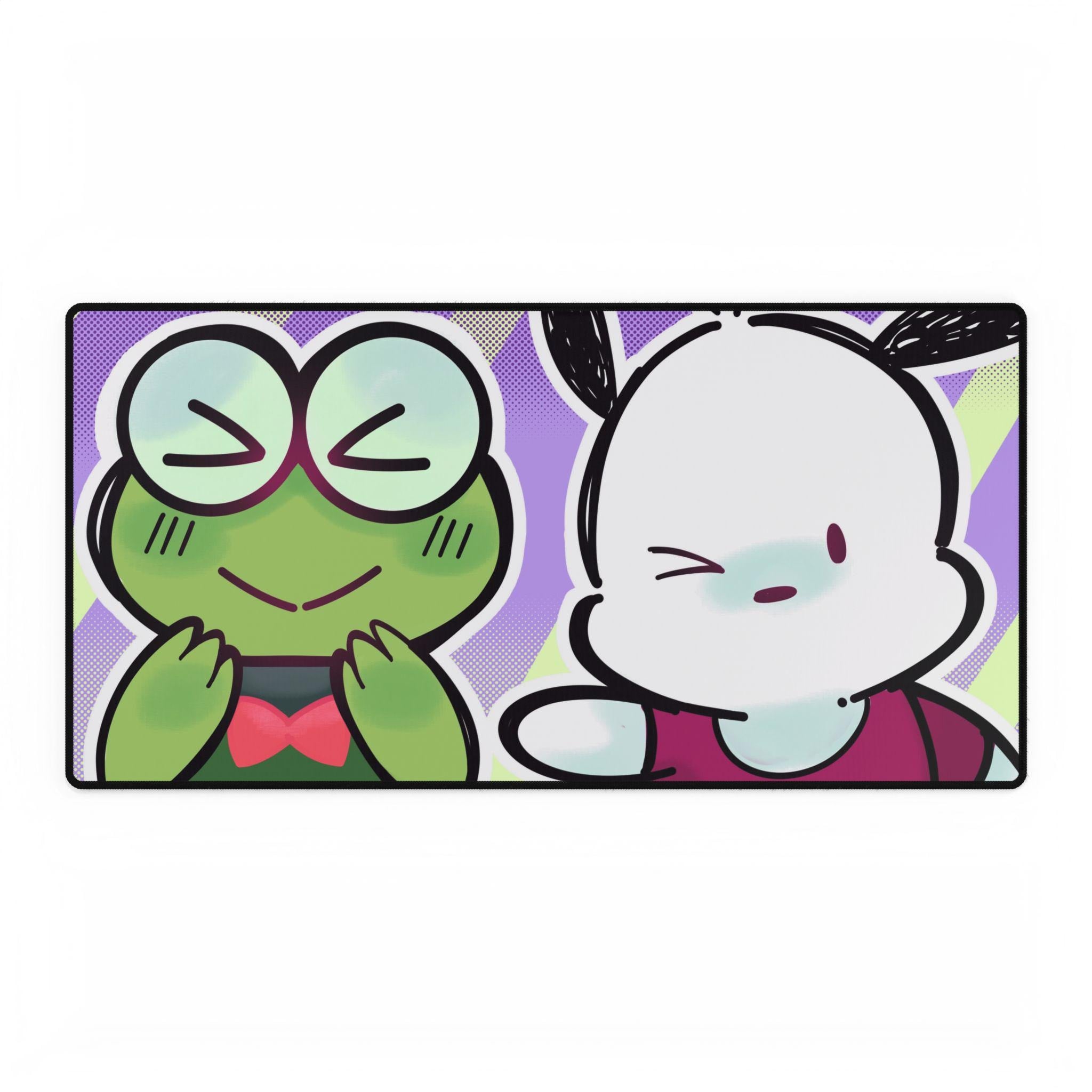 Cute Original Art Desk Mat | Cute Frog & Bunny Duo | Large Gaming Mouse Pad for Desk Setup, Inspired by Hello Kitty