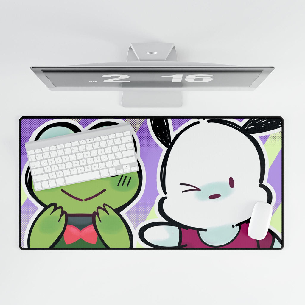 Cute Original Art Desk Mat | Cute Frog & Bunny Duo | Large Gaming Mouse Pad for Desk Setup, Inspired by Hello Kitty