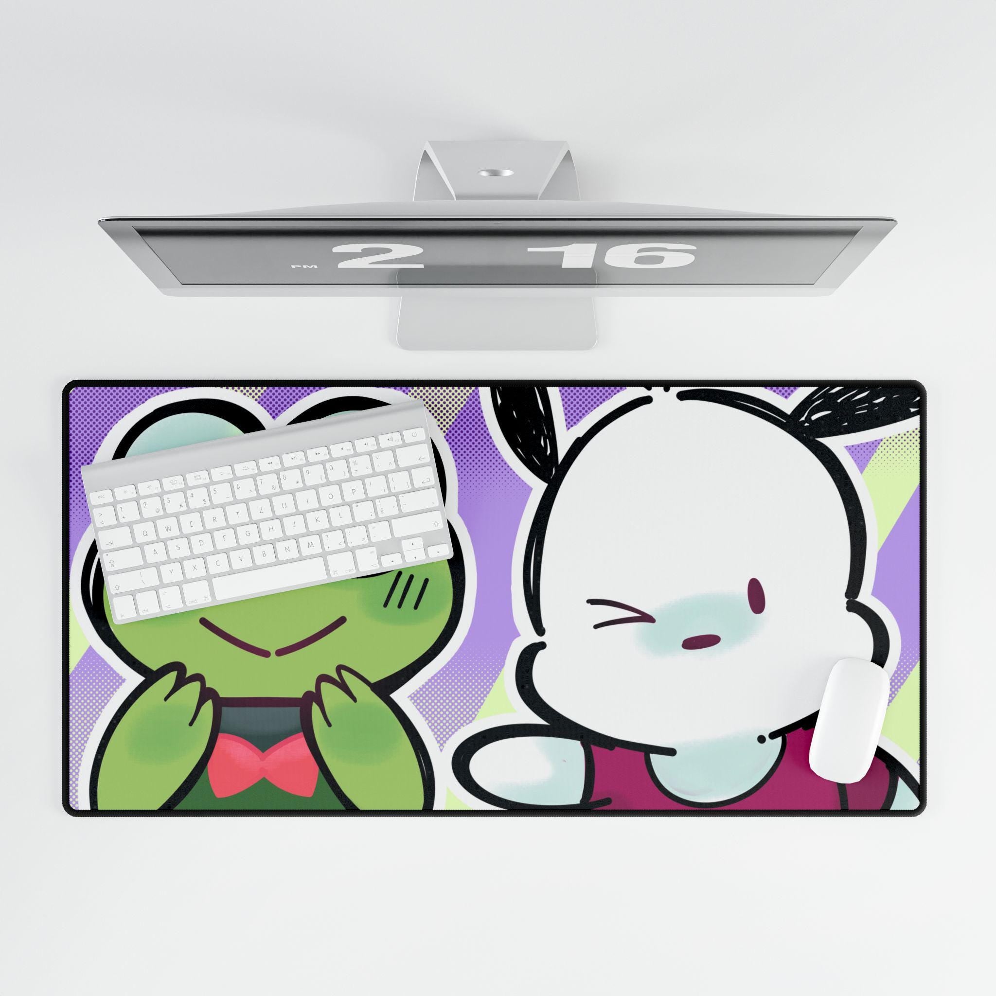 Cute Original Art Desk Mat | Cute Frog & Bunny Duo | Large Gaming Mouse Pad for Desk Setup, Inspired by Hello Kitty