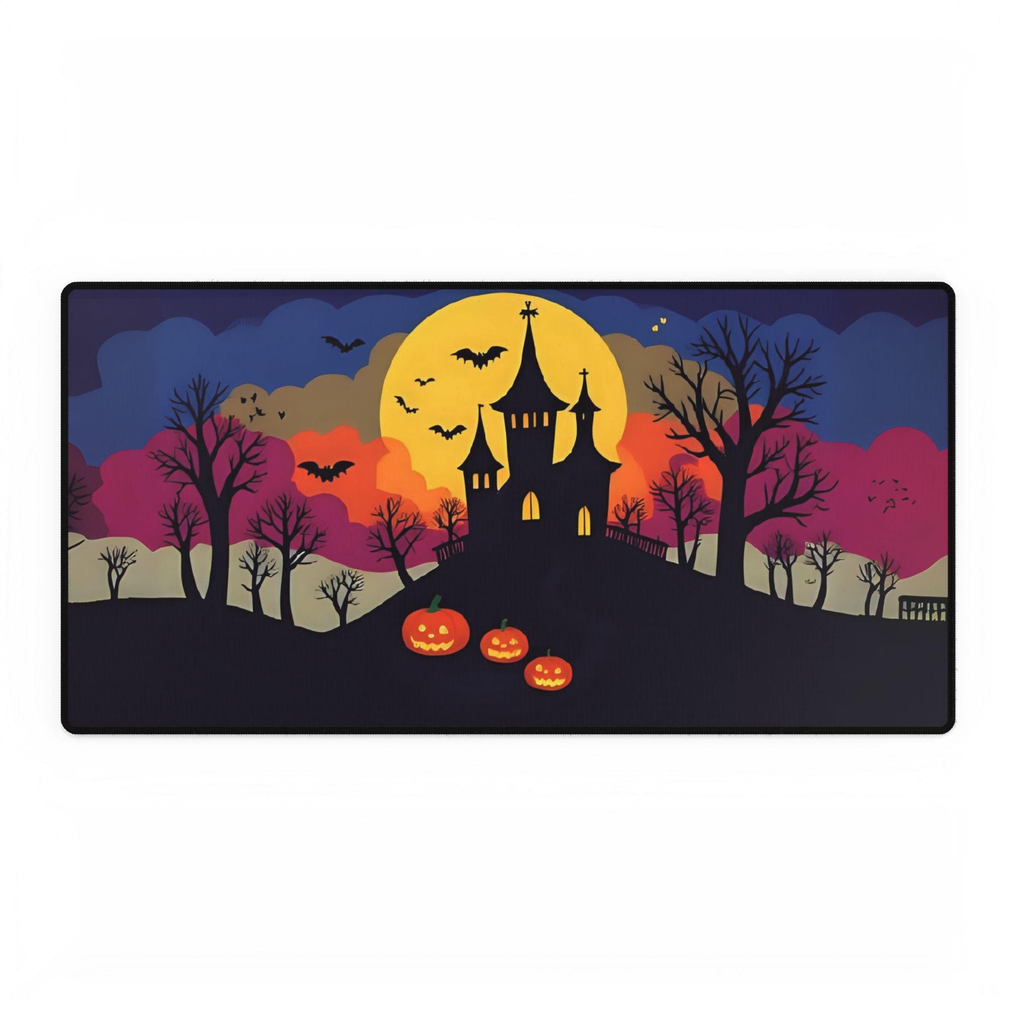 Haunted Castle Desk Mat: Spooky Halloween Pumpkin & Bats Design