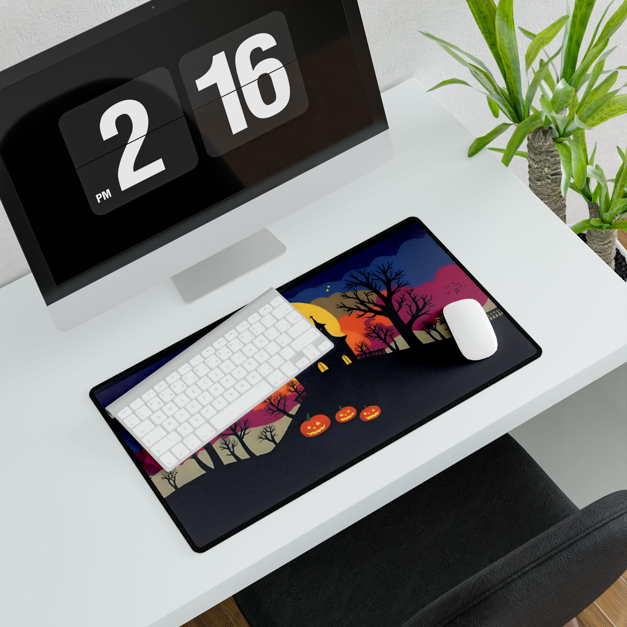 Haunted Castle Desk Mat: Spooky Halloween Pumpkin & Bats Design