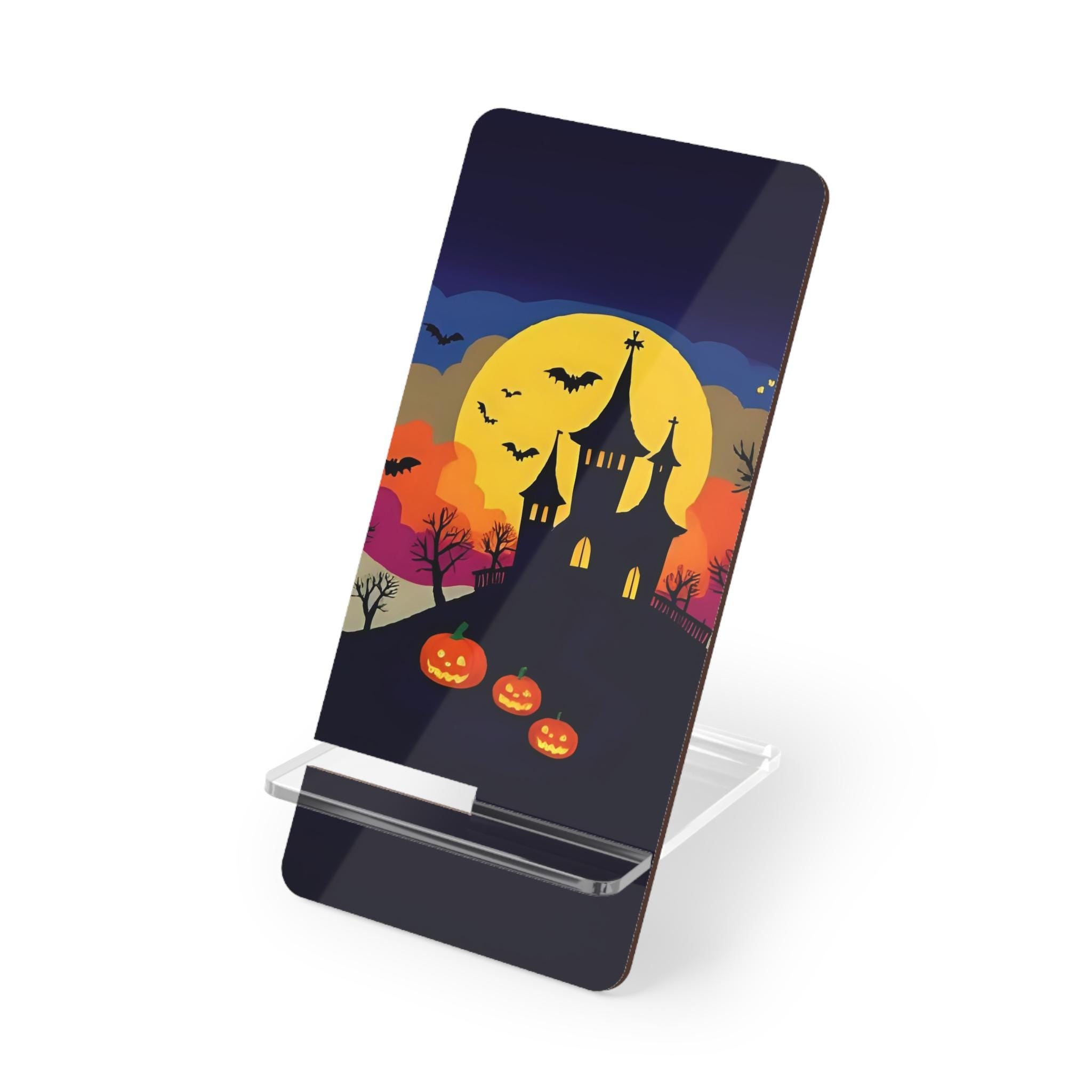 Haunted Castle Phone Stand: Spooky Halloween Pumpkin & Bat Decor