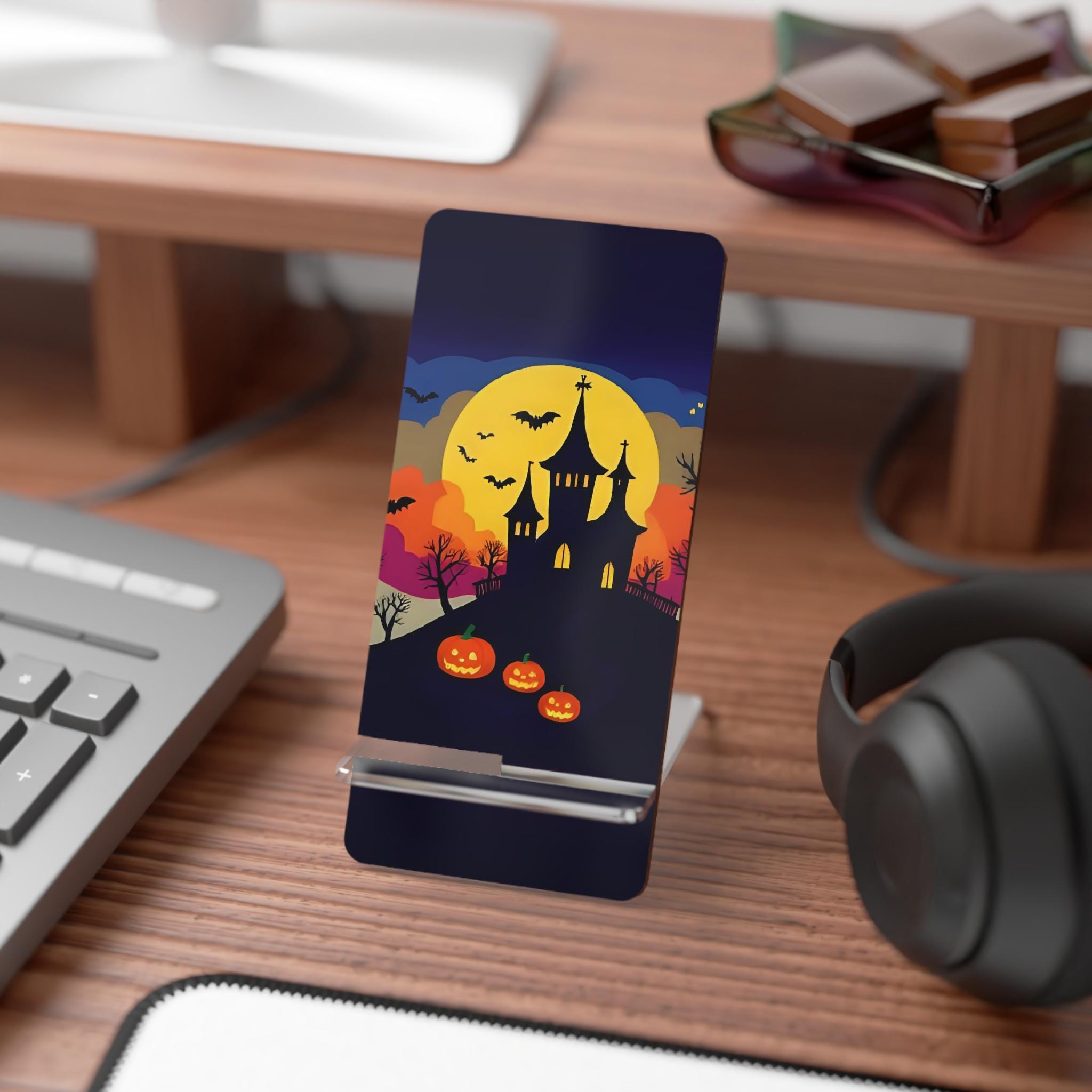 Haunted Castle Phone Stand: Spooky Halloween Pumpkin & Bat Decor
