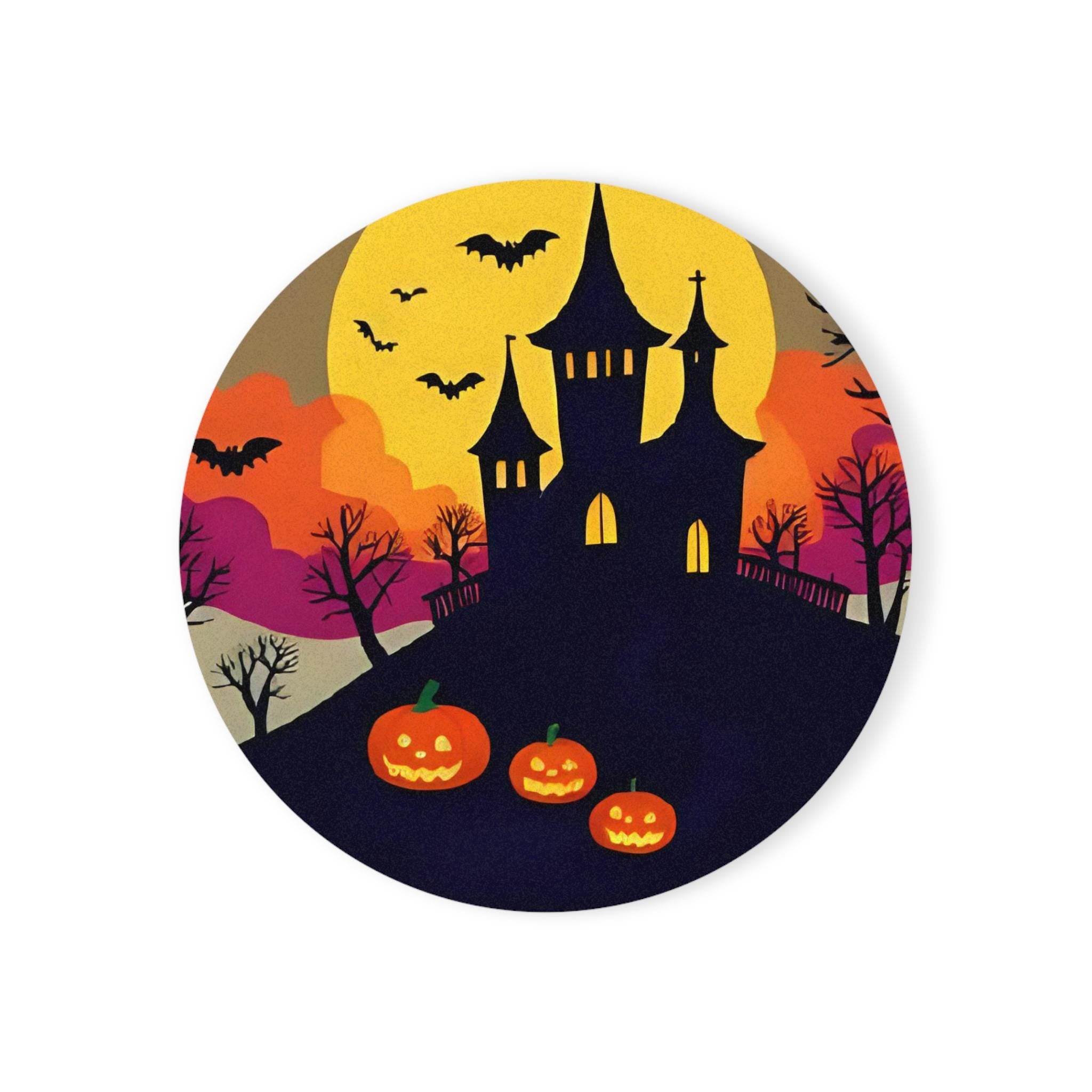 Haunted House Pumpkin Coaster, Halloween Cork Back Drink Mat