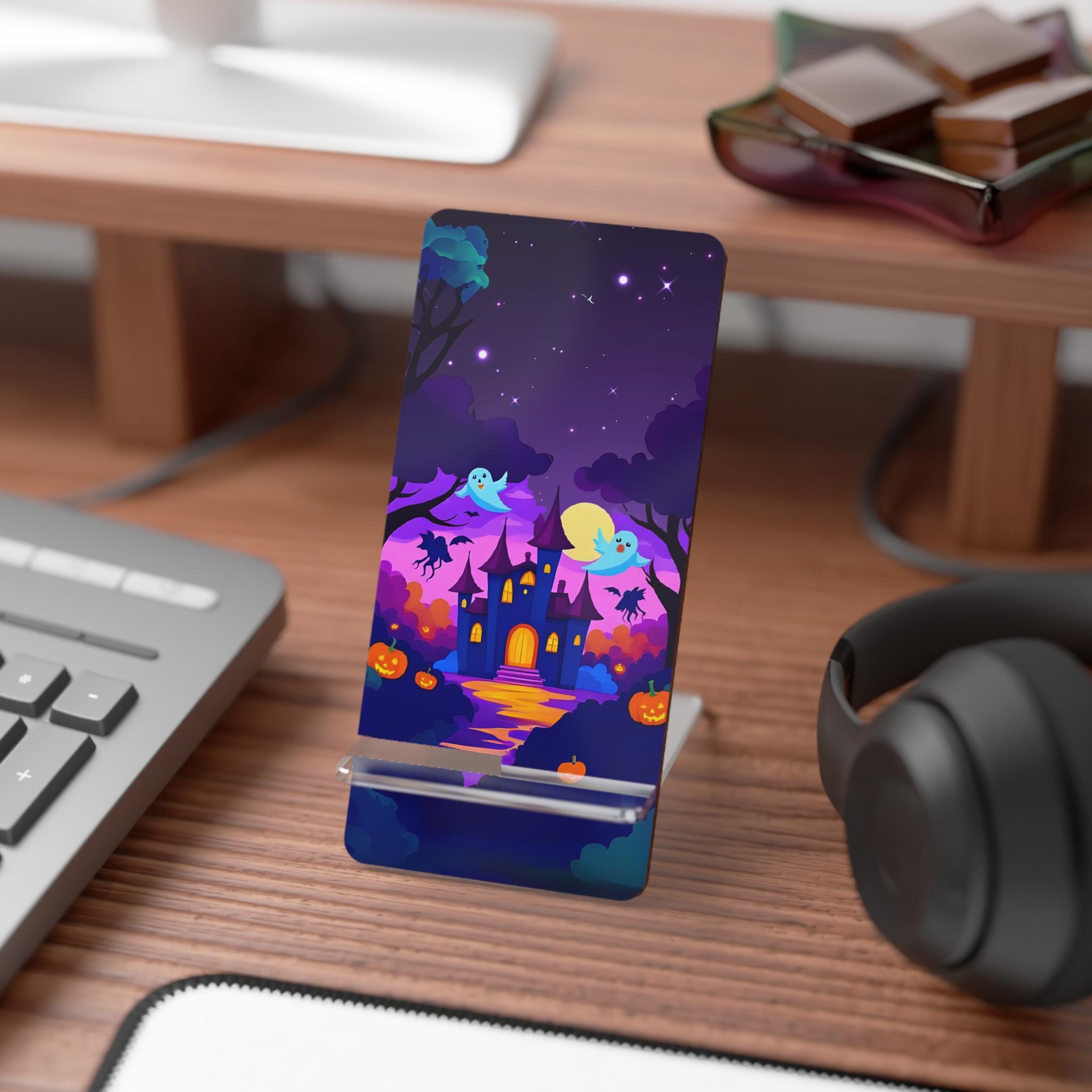 Haunted Castle Phone Stand: Halloween Ghost & Pumpkin Desk Decor