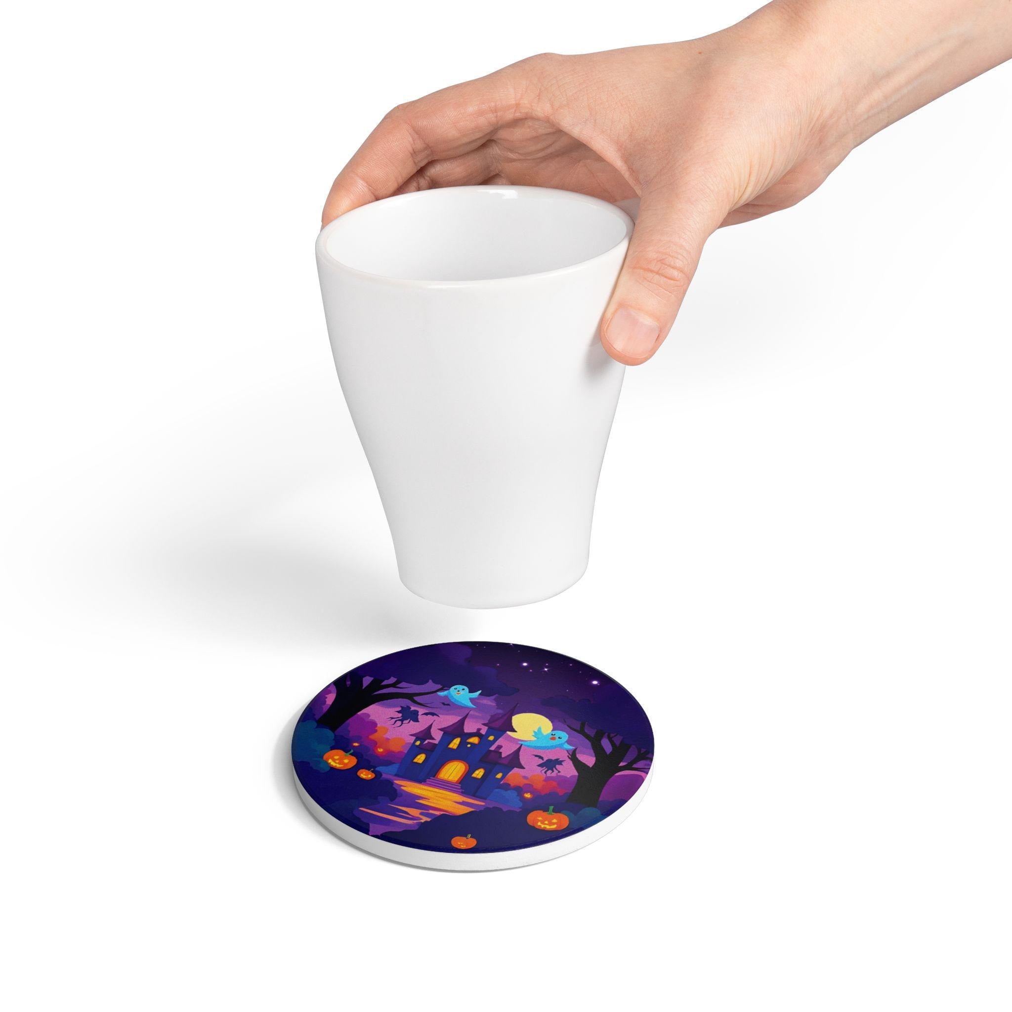 Haunted Castle Halloween Coaster: Spooky Ceramic Drink Mat