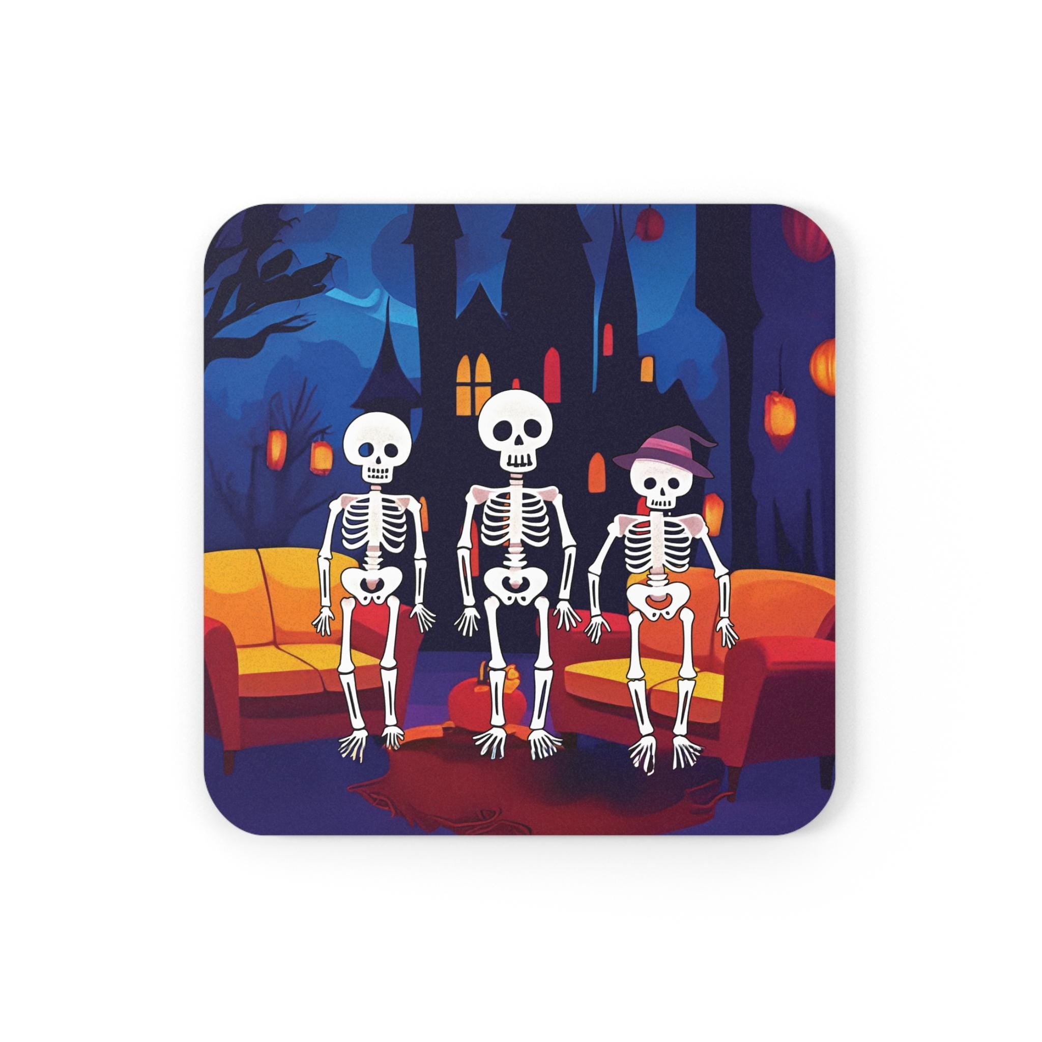 Halloween Skeleton Friends Coaster, Spooky Gothic Home Decor, Funny Skeletons on Couch with Haunted House, Round & Square Cork Coaster