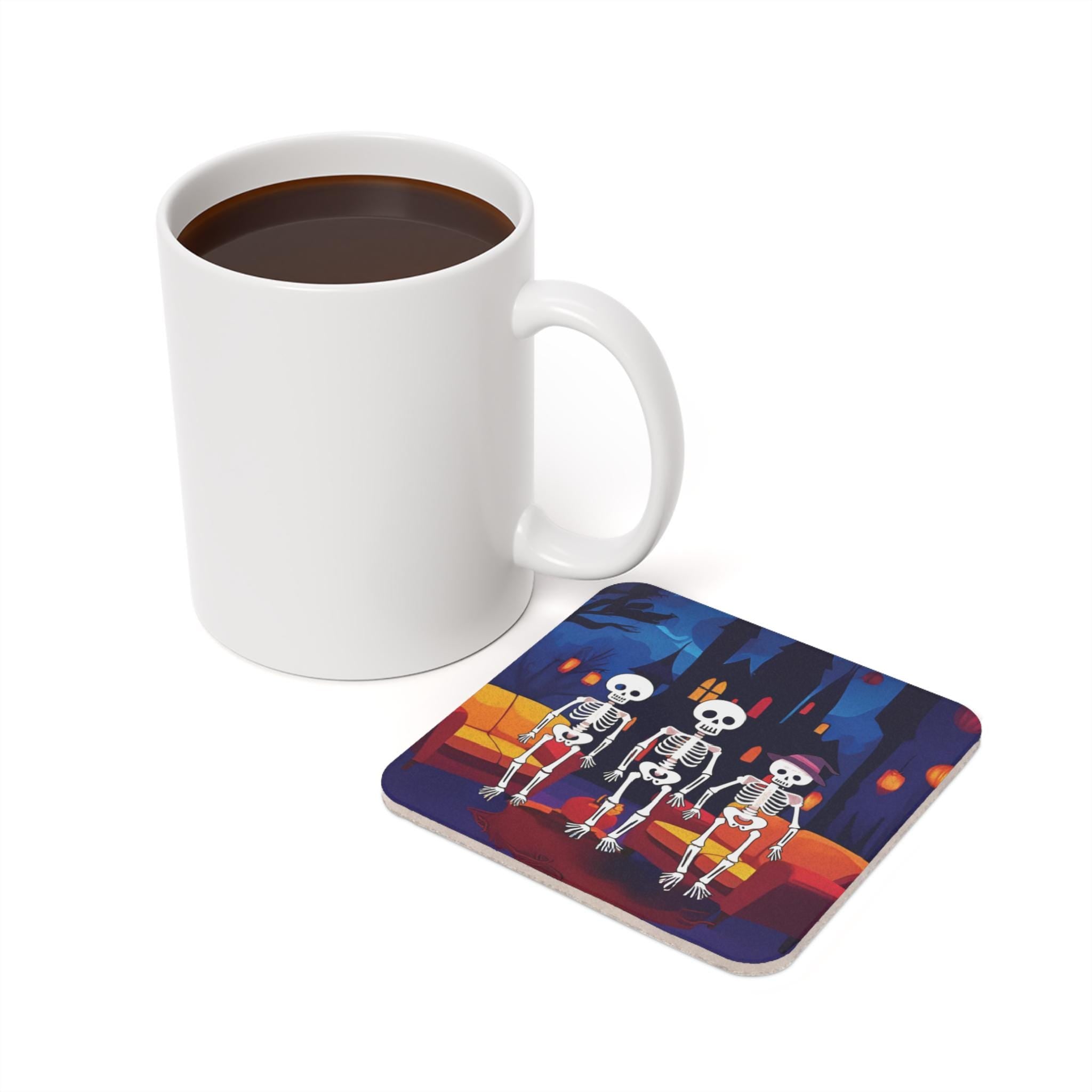 Halloween Skeleton Friends Coaster, Spooky Gothic Home Decor, Funny Skeletons on Couch with Haunted House, Round & Square Cork Coaster