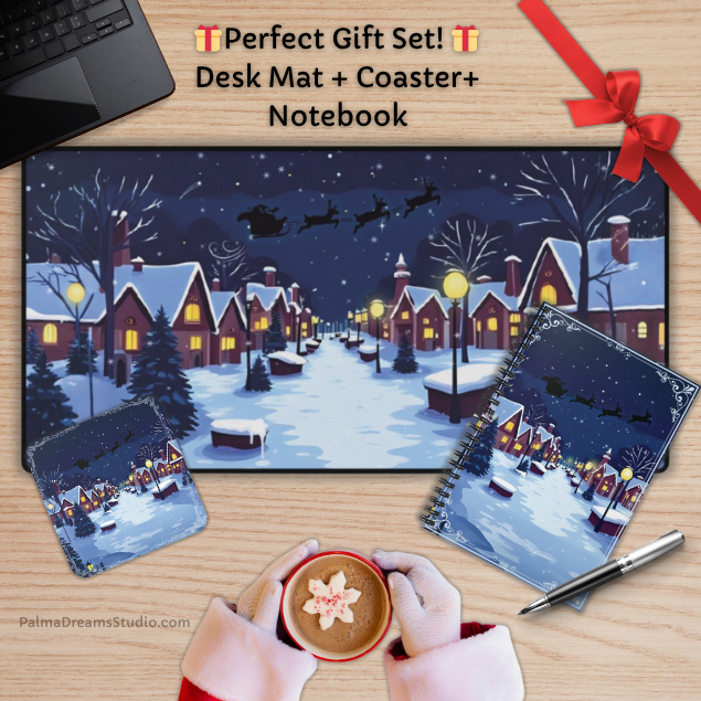 Coaster Set Christmas Village Night - Santa Sleigh Holiday Cover